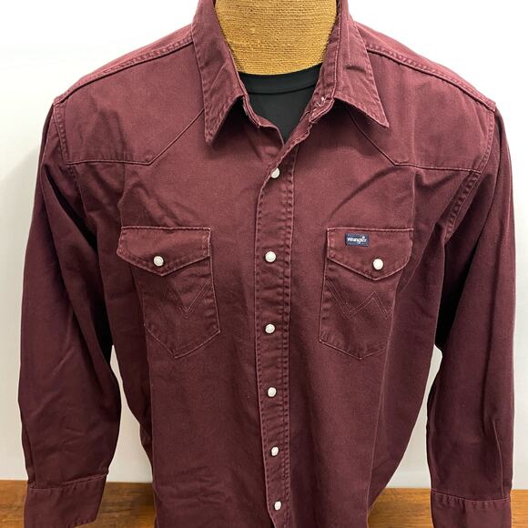 Vintage 90's Wrangler Western Shirt Men's 19 x 36 Big Pearl Snap‎ Long Tails USA - Picture 2 of 9